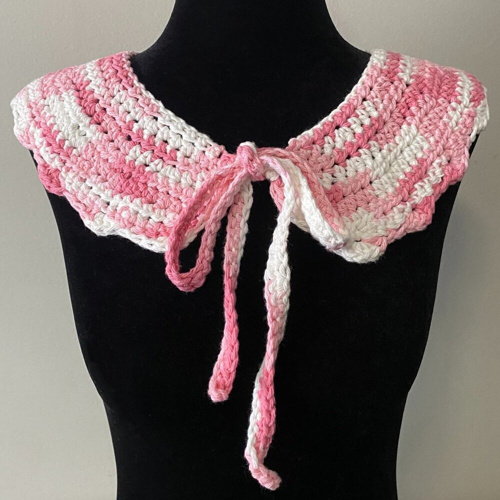 Handmade Crochet Pink White Cotton Collar Neckwear Accessory
